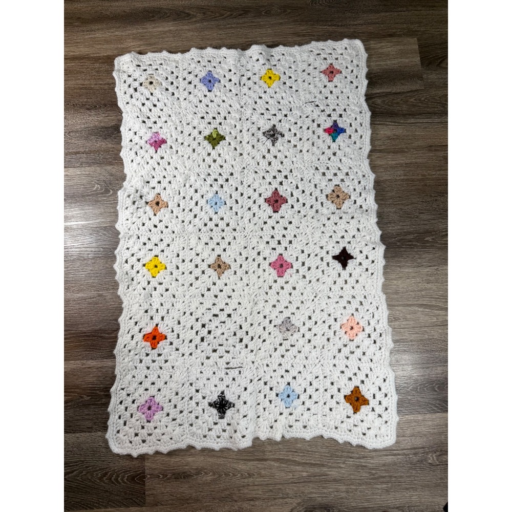 Vintage Handmade Crochet Granny Square Baby Blanket White Multi Color Boho 37x23